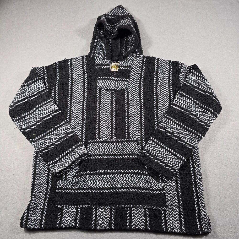 Earth Ragz Men's Small Black White Baja Hoodie Pullover Drug Rug Mexico